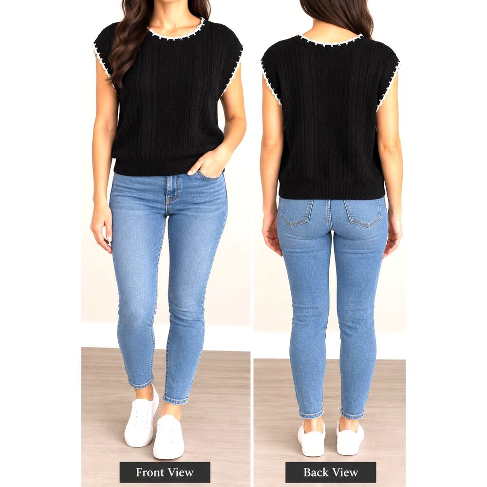 Women’s Black Knit Sweater Blouse Size Medium White Trim Sleeveless Pullover Top